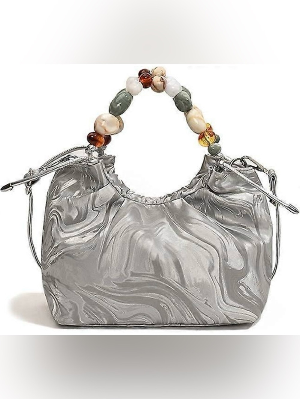 Beaded Handle Gray Marble-Print Women’s Shoulder Bag